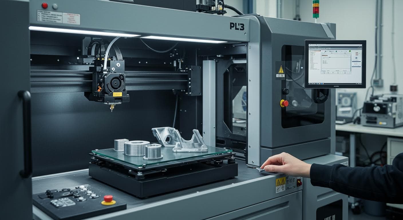 Industrial scene of additive manufacturing equipment producing PLA parts, focusing on technology and output without text