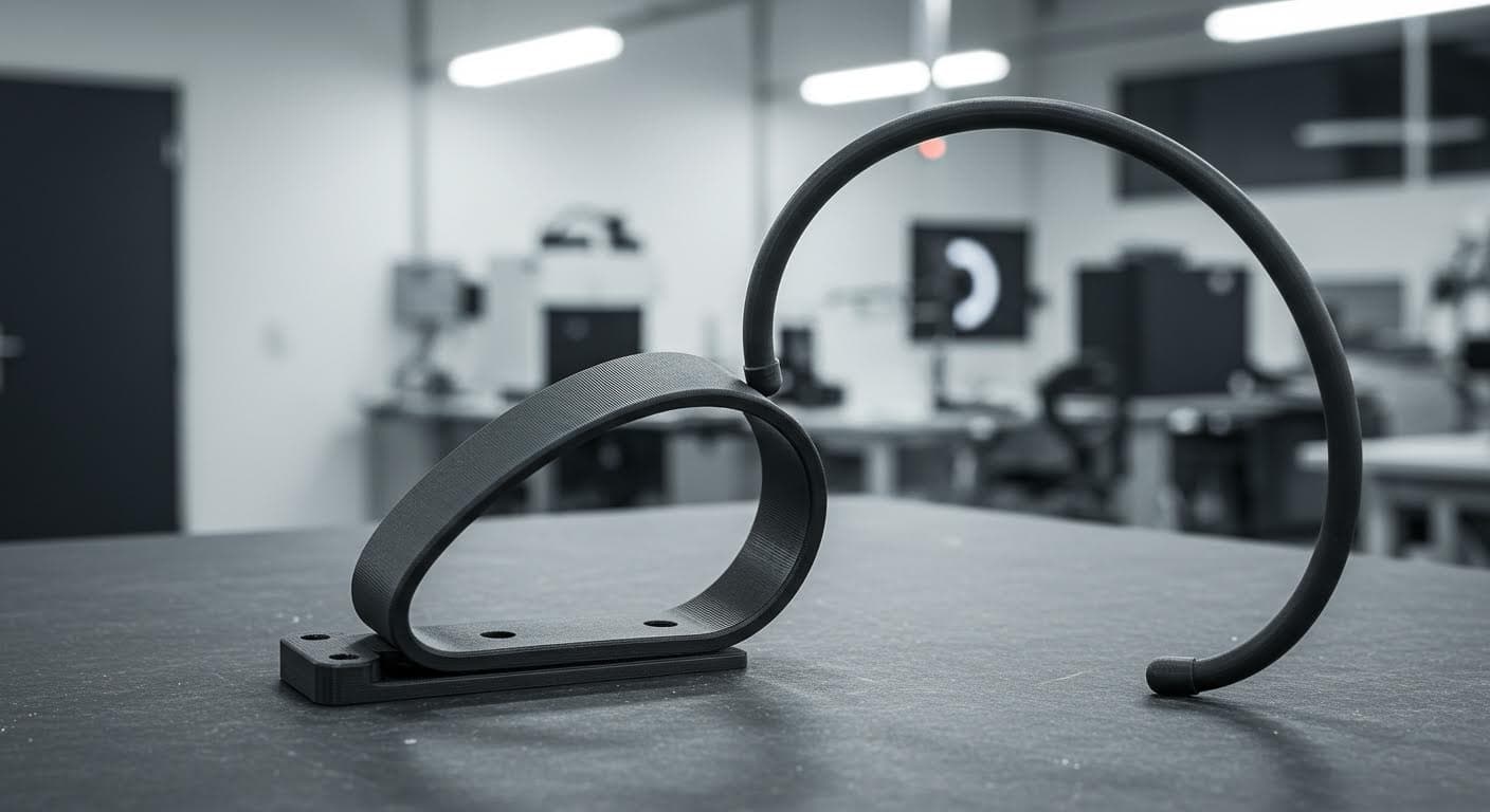 Professional photo of a flexible living hinge made from polymer, bent at 90 degrees, in an industrial setting