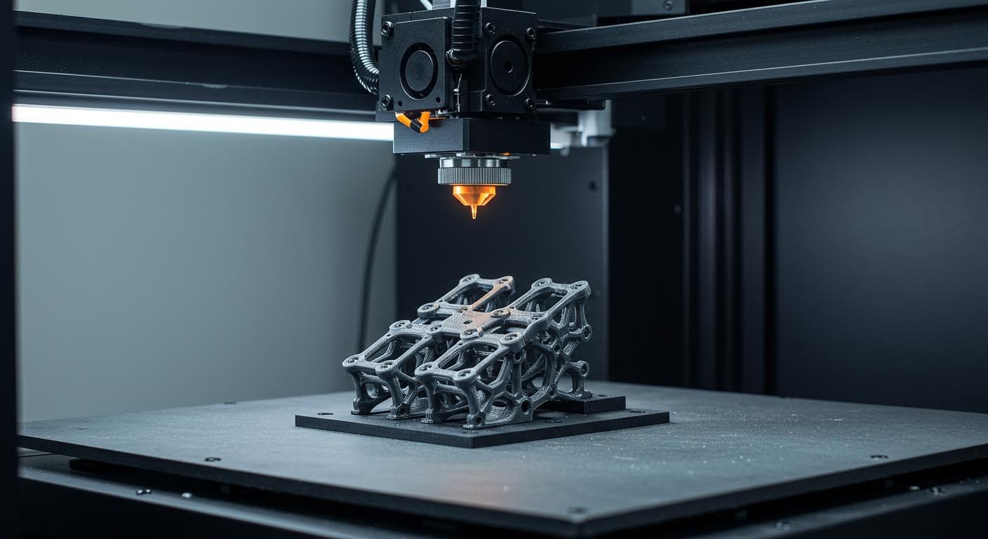 Image of an additive manufacturing machine printing a complex hinge structure, focus on the build platform