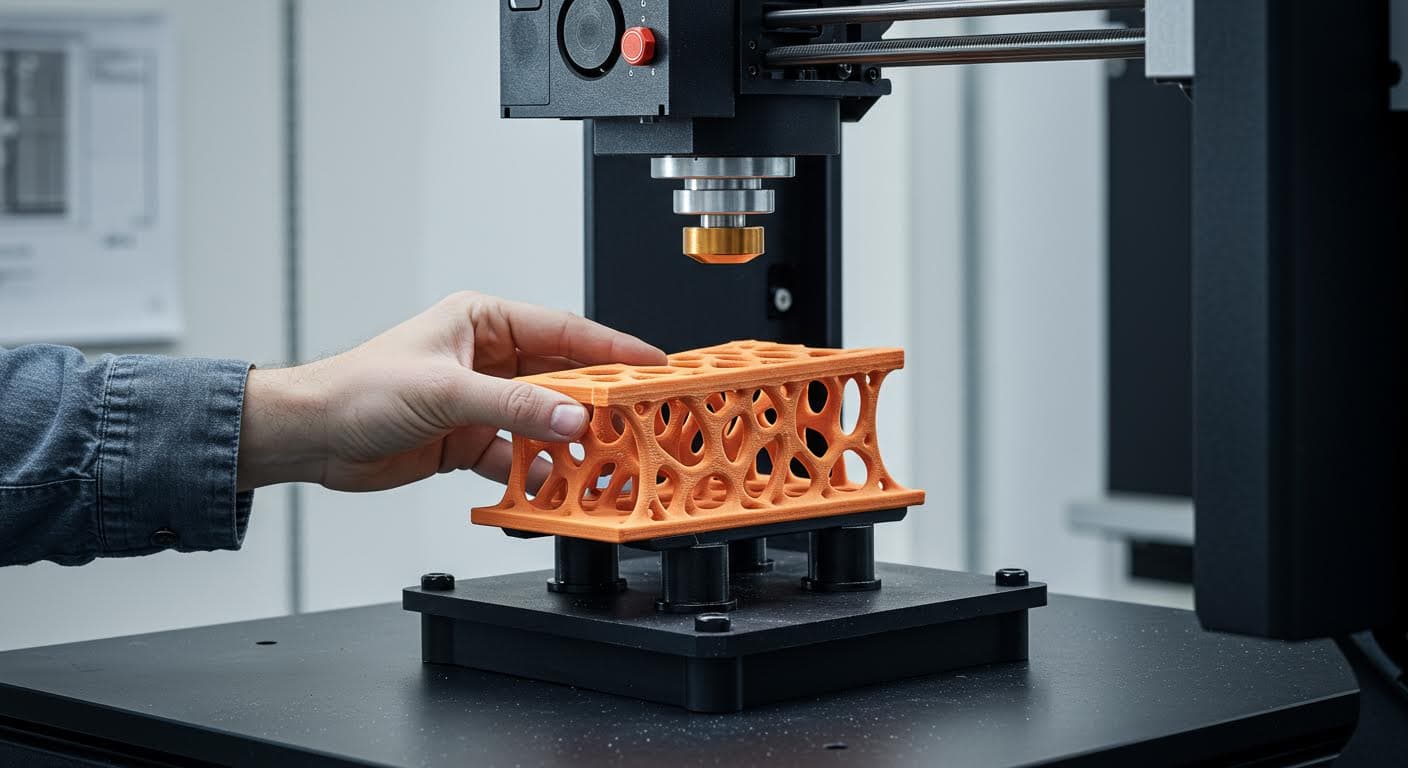 Detailed view of a 3D-printed federnde element under compression test, highlighting material flexibility