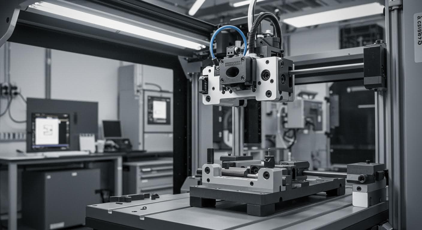 Industrial application scene with integrated living hinges in a mechanical assembly, no inscriptions