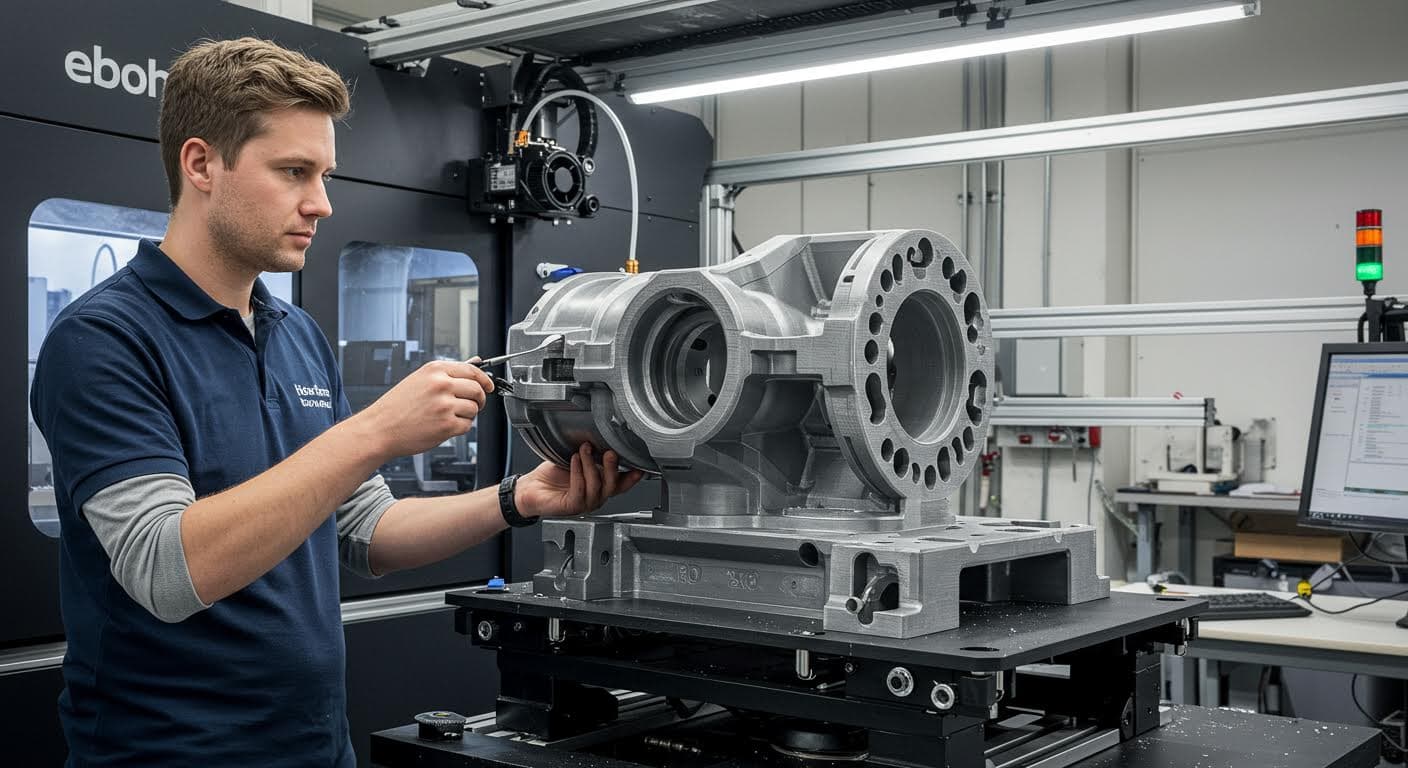 3D-Drucker im Prozess der Herstellung eines großen Objekts, fokussiert auf die Mechanik und das entstehende Teil