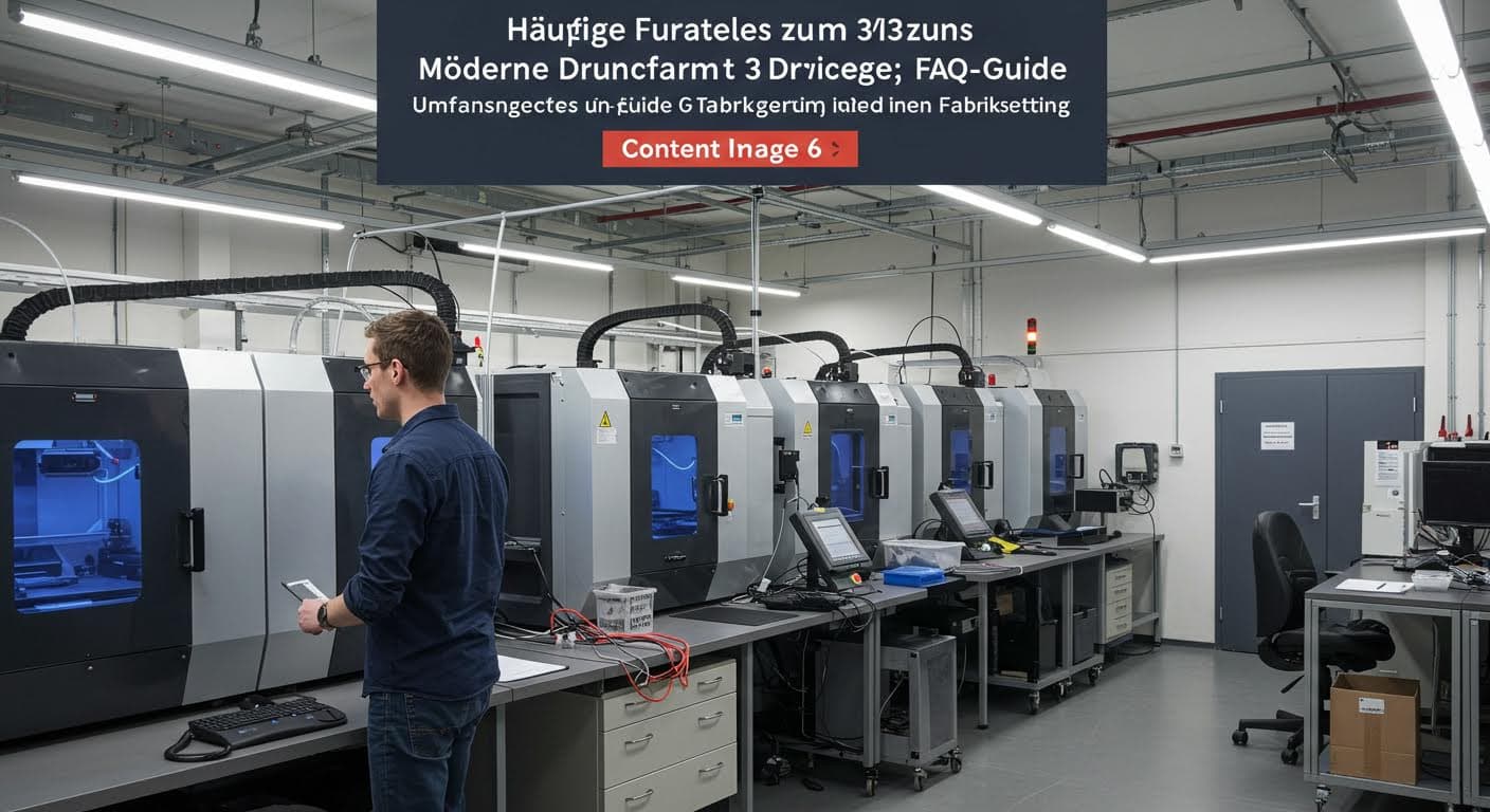 Moderne Druckfarm mit mehreren 3D-Druckern in Aktion, betriebsbereit in einem Fabriksetting
