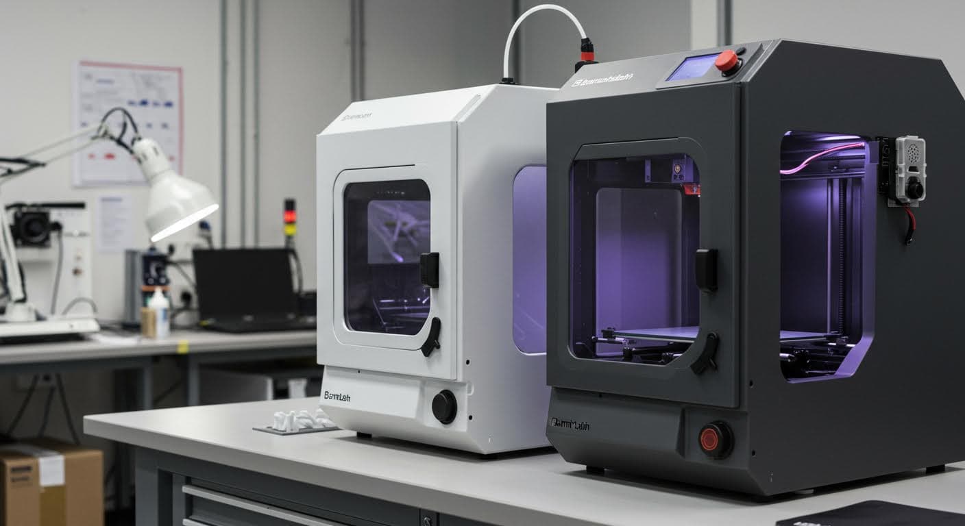 Side-by-side comparison of Bambu Lab A1 and X1 models on a workbench, emphasizing their structural differences in a clean industrial setting.