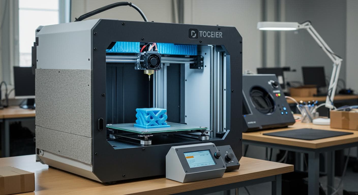 Image of a 3D printer with damping materials applied, showing a quiet operation environment in a workshop, professional photography style.