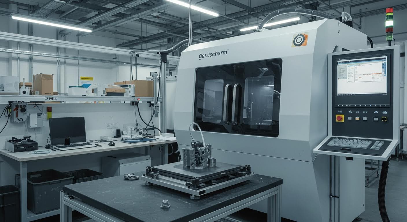 Industrial scene of optimized 3D printing in a factory, highlighting printed parts emerging silently, without any textual elements.