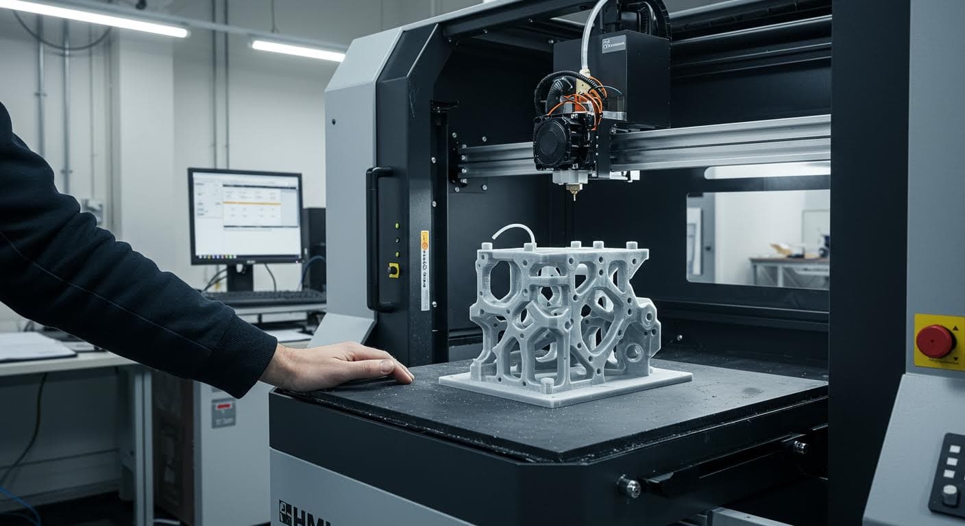 Professionelle Industriefotografie eines 3D-Druckers in Aktion, der ein komplexes funktionales Bauteil herstellt, hochauflösend ohne jegliche Text-Elemente