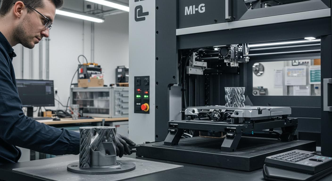 Nahaufnahme eines fertigen 3D-gedruckten Prototyps aus Metall oder Kunststoff, in einer industriellen Werkstattumgebung, rein visuell