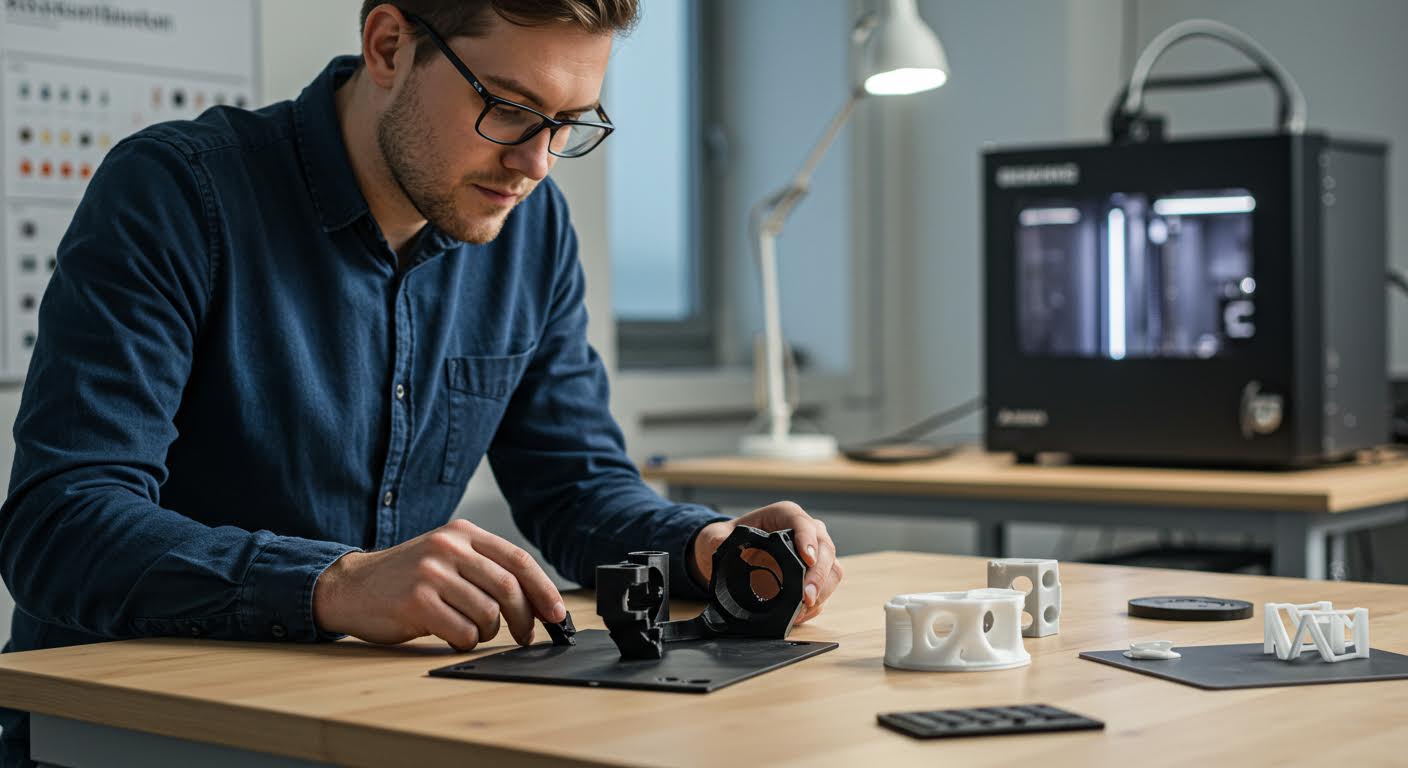 Visualisierung eines agilen Prototyping-Prozesses mit 3D-Modellen auf einem Tisch, Fokus auf Technologie ohne Beschriftungen
