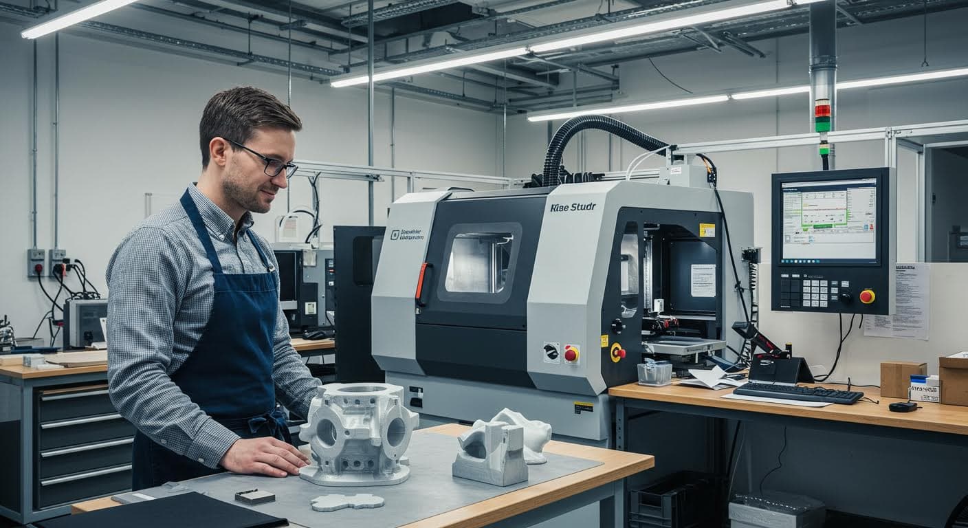 Industrie-Szene in einem 3D-Druck-Labor mit Maschinen und Bauteilen, magazin-qualität, keine Schriften