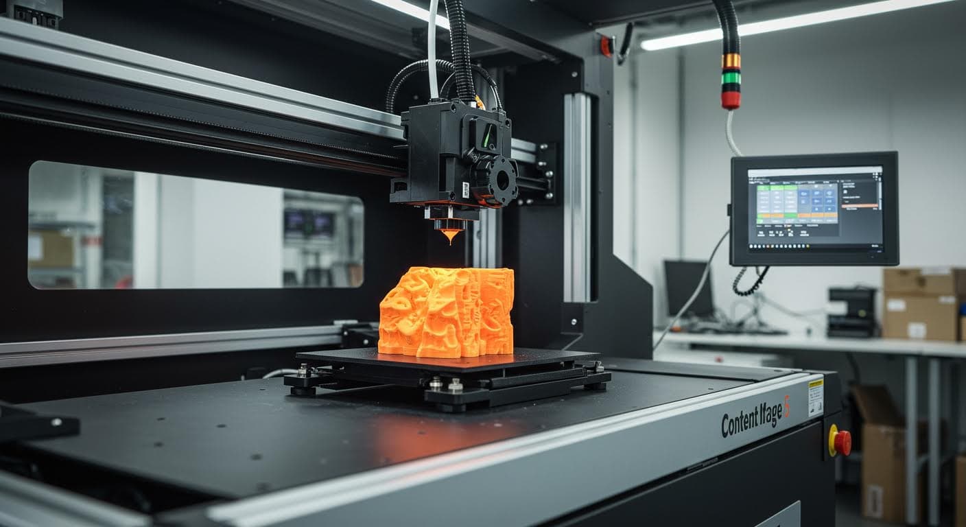 KI-unterstützter 3D-Druck: Maschine beim Drucken, mit Fokus auf das entstehende Objekt, hochauflösend und textfrei
