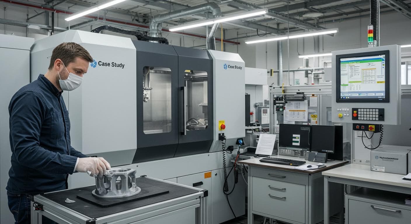 Testphase eines 3D-gedruckten Prototyps in einer Fertigungsanlage, reine visuelle Darstellung von Equipment und Ergebnis