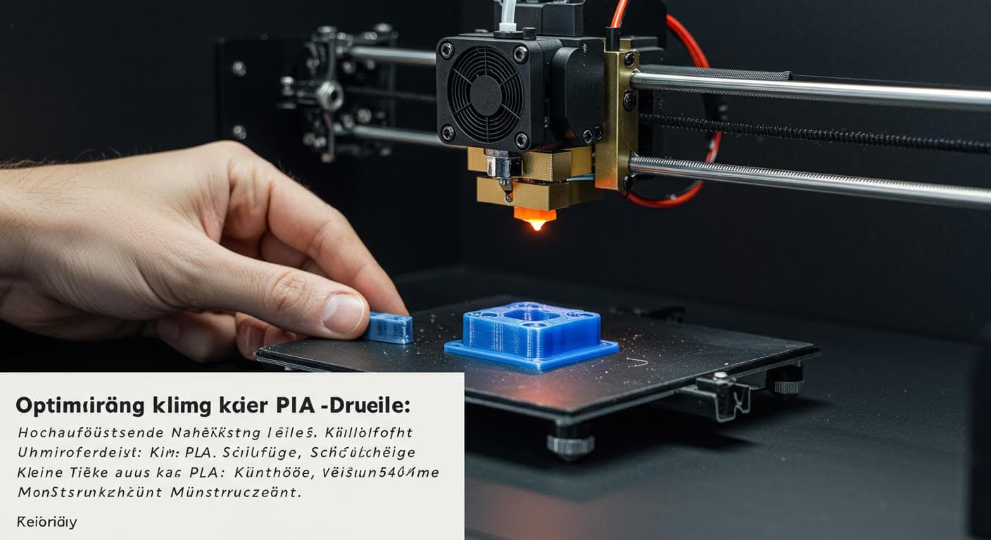 Hochauflösende Nahaufnahme eines FDM-3D-Druckers, der ein kleines PLA-Teil druckt, mit sichtbarem Filamentfluss und Düse, professionelle Industriefotografie, kein Text