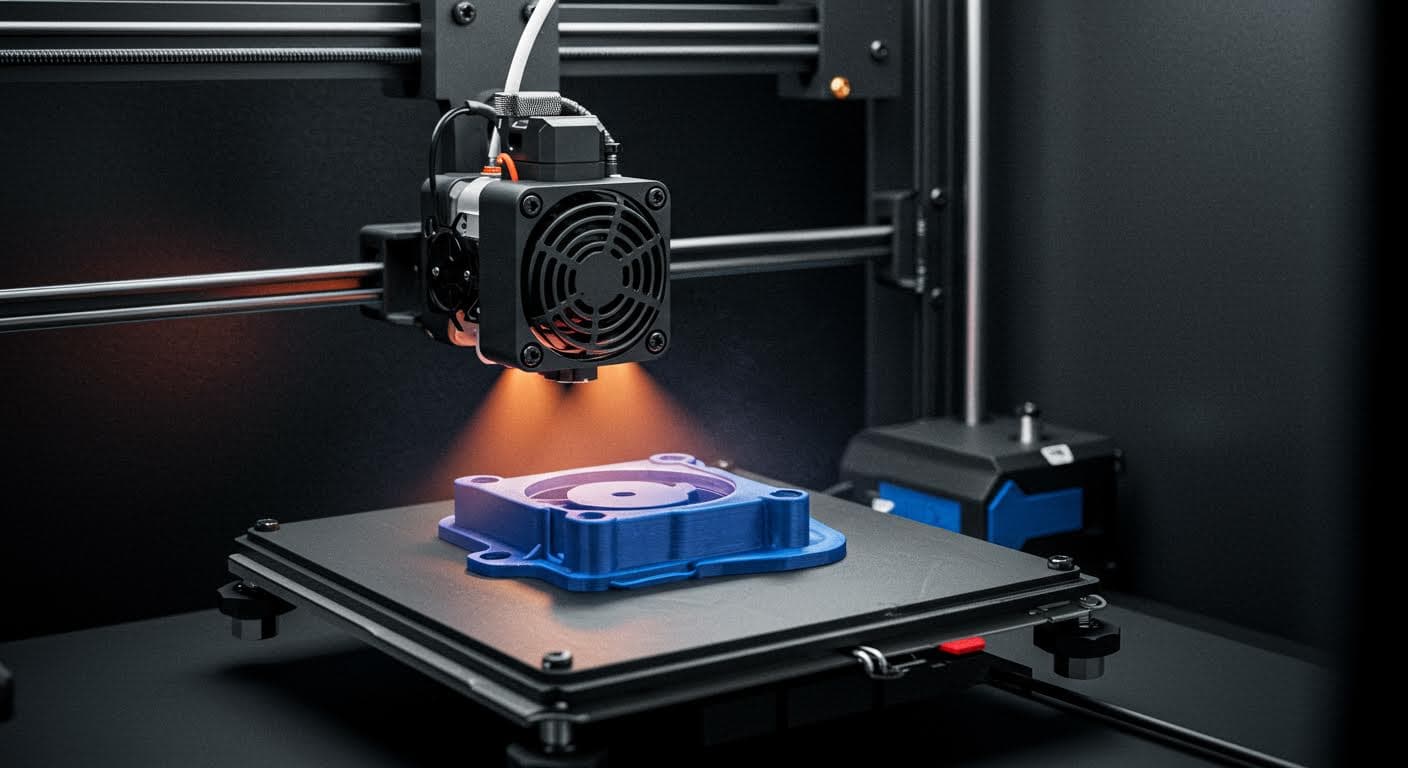 Seitenansicht eines Bauteillüfters, der Luft auf ein druckendes PLA-Teil bläst, dynamische Aufnahme ohne Beschriftungen