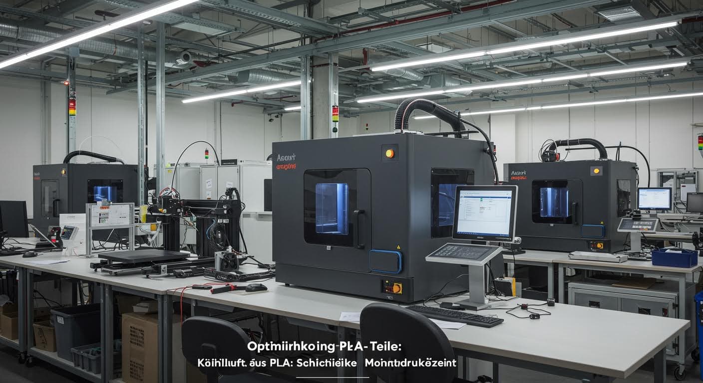 Industrielle Szene mit mehreren 3D-Druckern in einer modernen Fertigungshalle, Betonung auf Technologie und Ausrüstung, hochauflösend