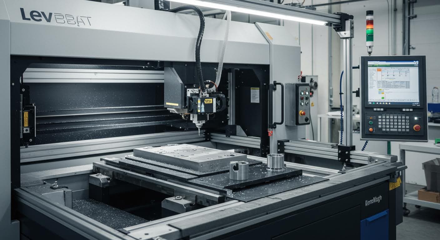 Nahaufnahme eines industriellen 3D-Druckers in Aktion, der ein präzises Metallteil schichtet, in einer modernen Fertigungsumgebung mit Fokus auf Technologie und Präzision