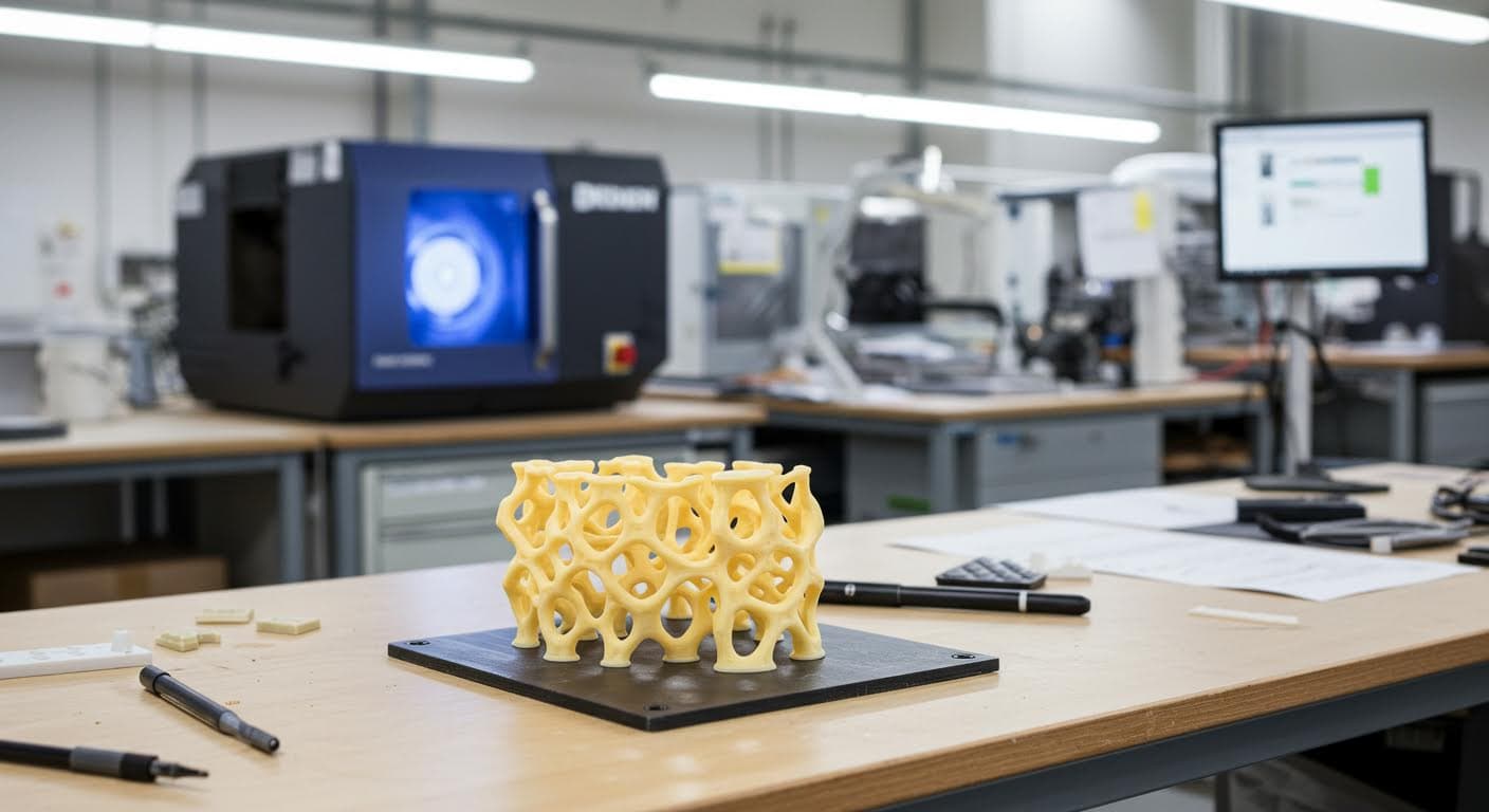 Professionelle Aufnahme eines fertigen 3D-gedruckten Prototypen aus Kunststoff, platziert auf einem Arbeitstisch in einer hellen Werkstatt, betont Materialstruktur und Design