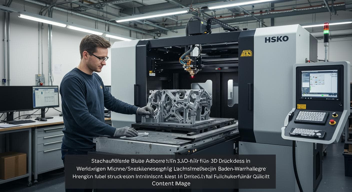 Hochauflösende Bild eines großen 3D-Druck-Equipments, das ein komplexes Bauteil produziert, mit sichtbaren Lasern und Pulverbett, in industrieller Qualität