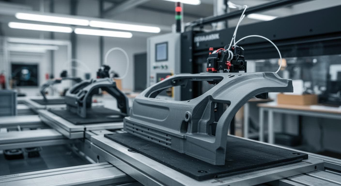 Visuelle Darstellung mehrerer 3D-gedruckter Automobilkomponenten, angeordnet in einer Produktionslinie, fokussiert auf Form und Funktionalität ohne jegliche Beschriftung