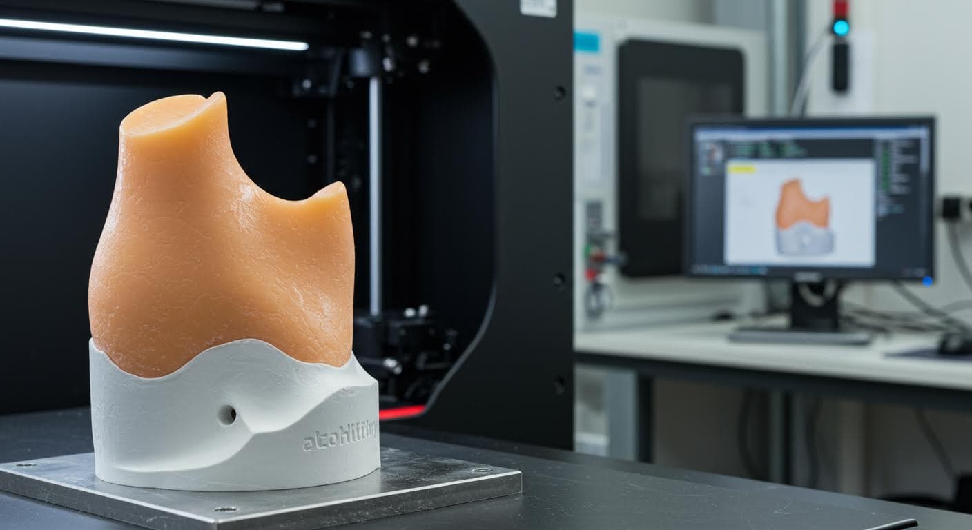 Magazin-taugliche Fotografie eines medizinischen 3D-Druck-Modells, wie ein Knochenersatz, in neutralem Hintergrund, hervorgehoben durch Beleuchtung und Details