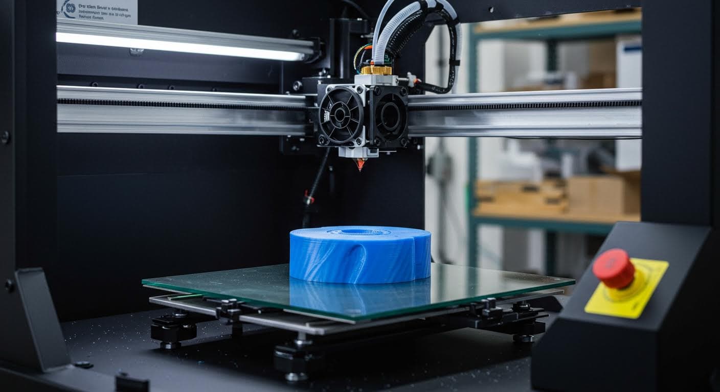 Hochauflösendes Foto eines 3D-Druckers beim Extrudieren von PLA-Filament in einer industriellen Umgebung, reines visuelles Bild ohne Text