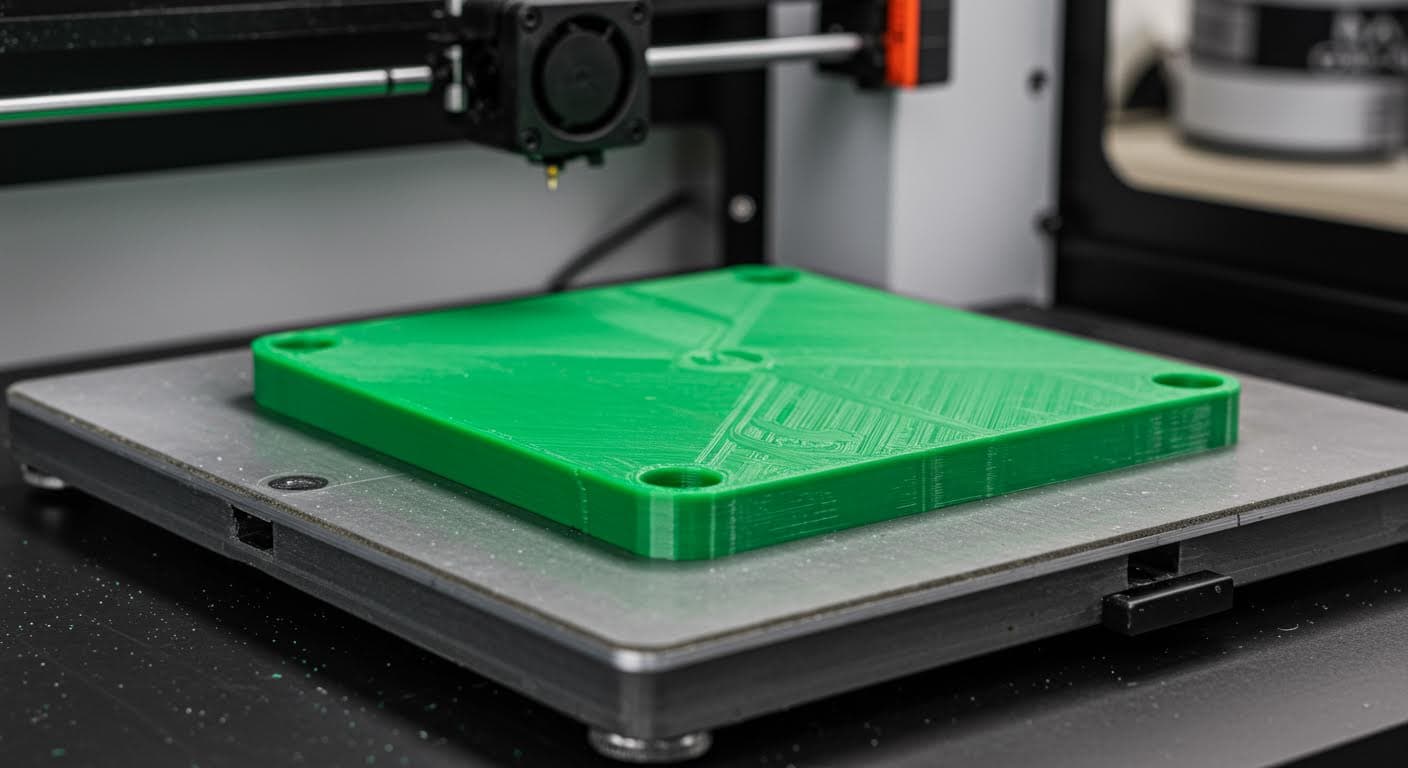 Nahaufnahme eines verzogenen großen PLA-Teils auf einer Druckplatte, professionelle Industriefotografie ohne Beschriftungen