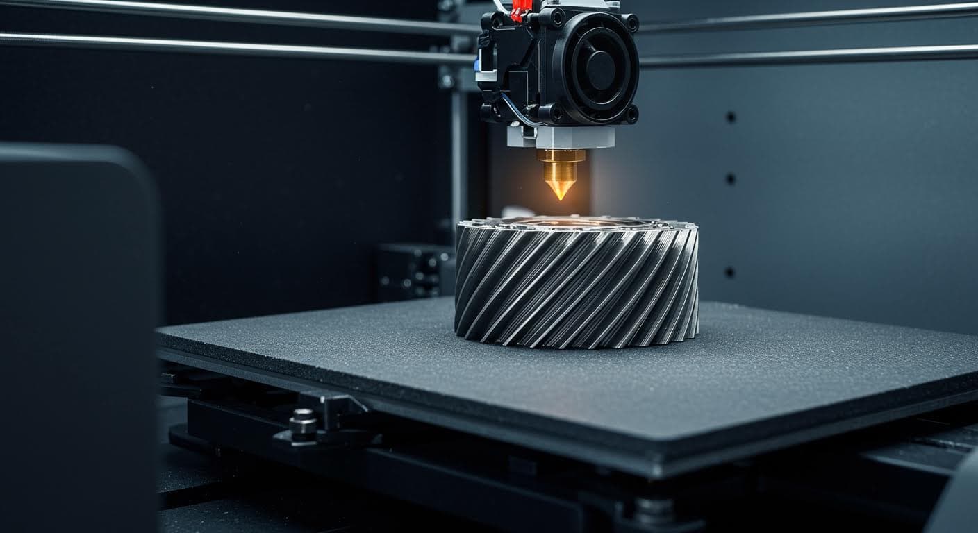 High-resolution image of a 3D printer actively printing a complex metal gear for machine engineering, focusing on the layered build process without any text or labels.