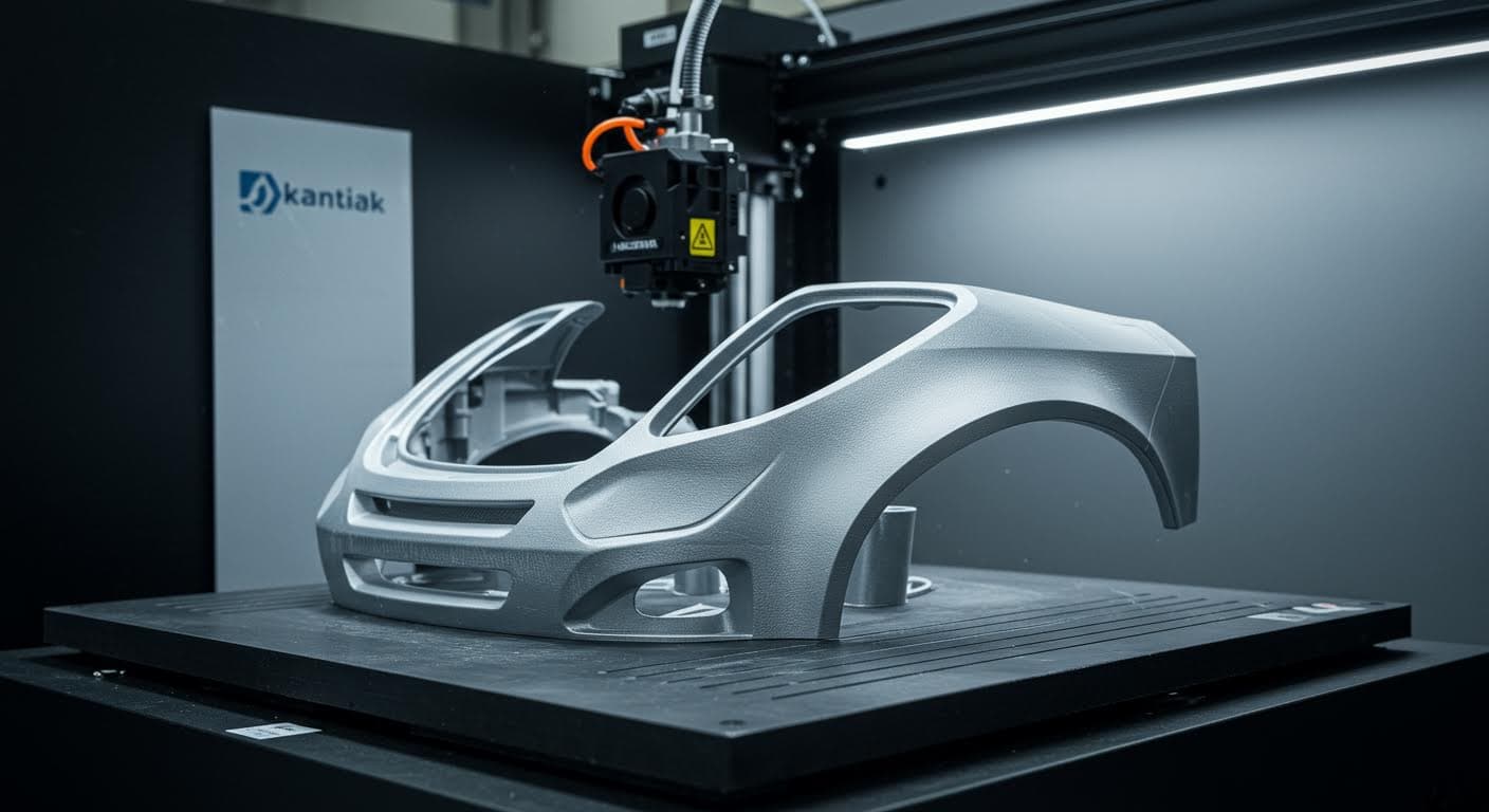 Professional photograph of a lightweight automotive component emerging from a 3D printing bed, emphasizing material texture and precision.