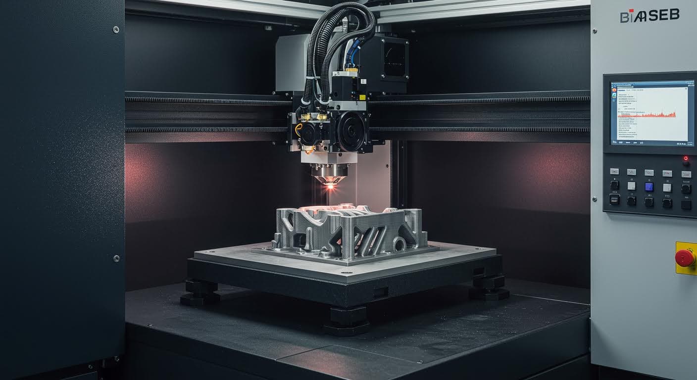 Industrial 3D printing machine in operation, printing a multi-material part with visible laser sintering, no inscriptions.