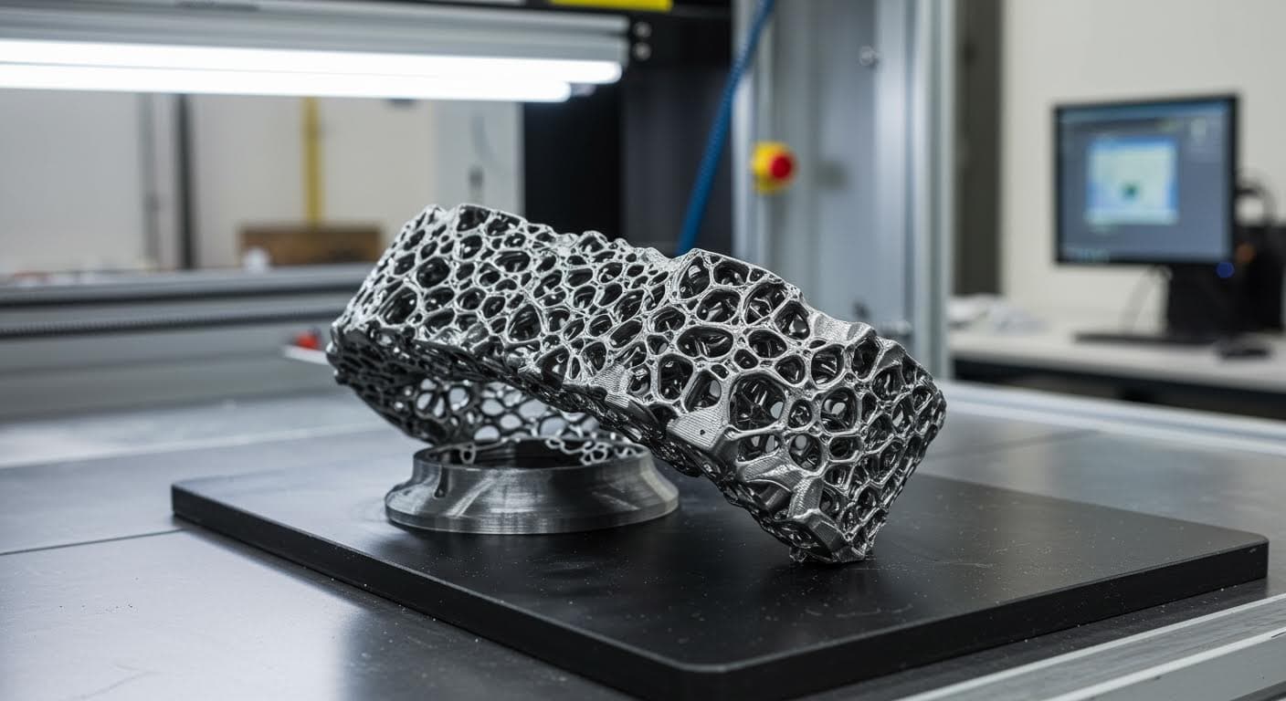 Visual representation of a 3D-printed implant for MedTech applications, highlighting intricate lattice structures in metal.
