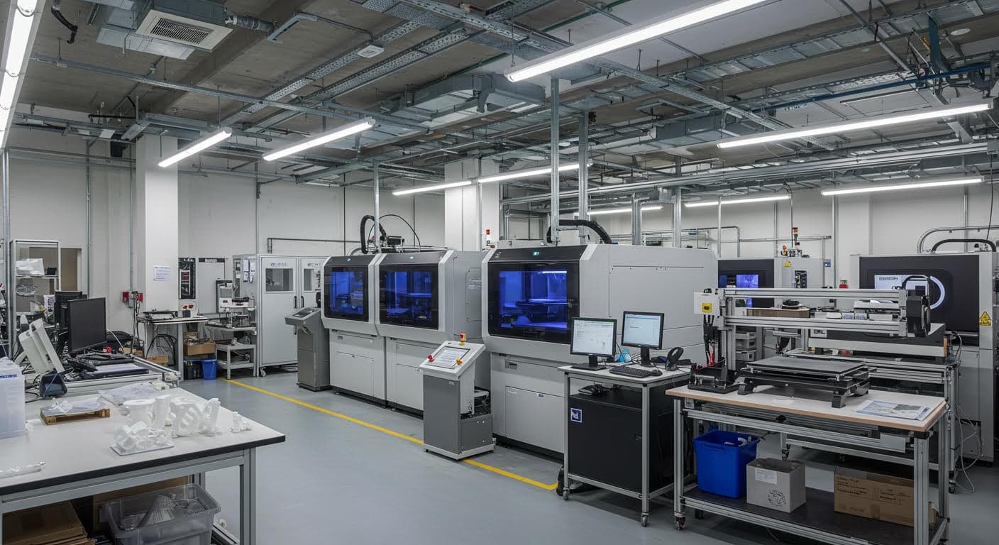 Panoramic shot of an additive manufacturing facility with multiple printers producing prototypes, pure technological focus.