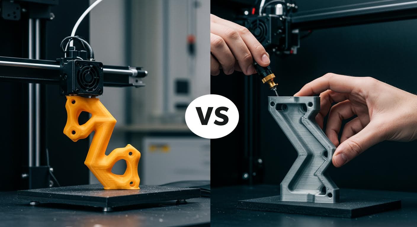 Side-by-side comparison of two 3D-printed objects, one from PLA-Basic and one from PLA+, undergoing a bending stress test
