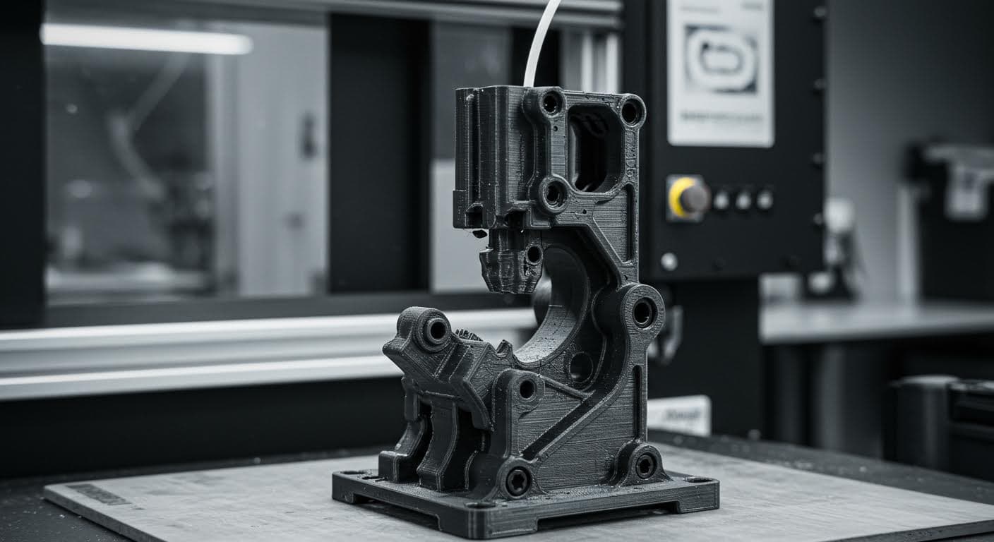 Detailed view of a functional mechanical part printed with PLA+ filament, showcased in a manufacturing environment