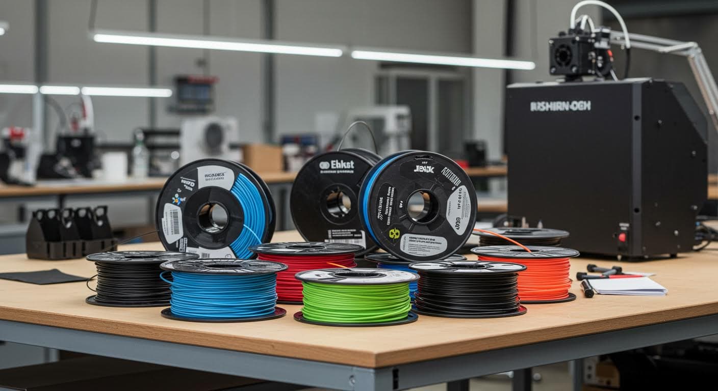 Array of colorful filament spools from various brands arranged on a workshop table, highlighting material differences