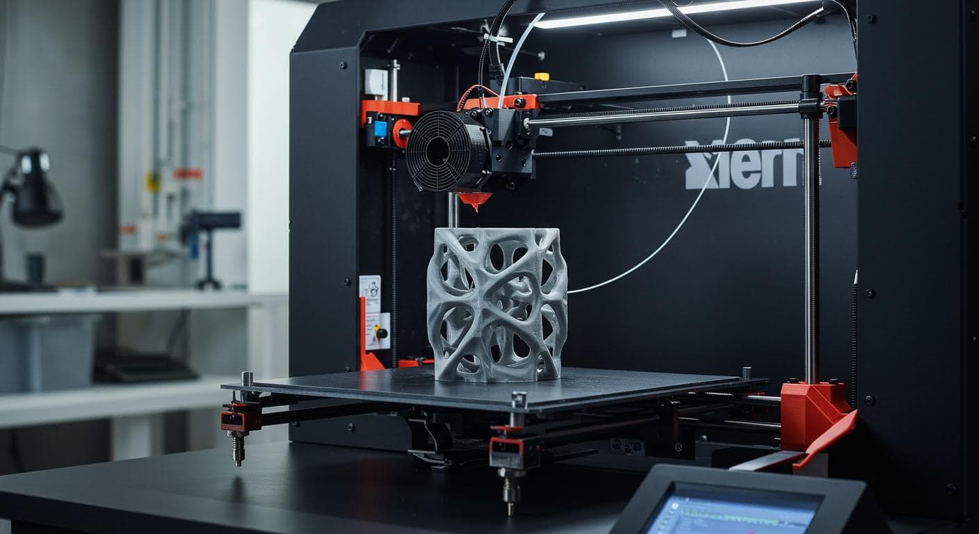 High-speed 3D printer in action, printing a complex structure with PLA+ filament at rapid pace