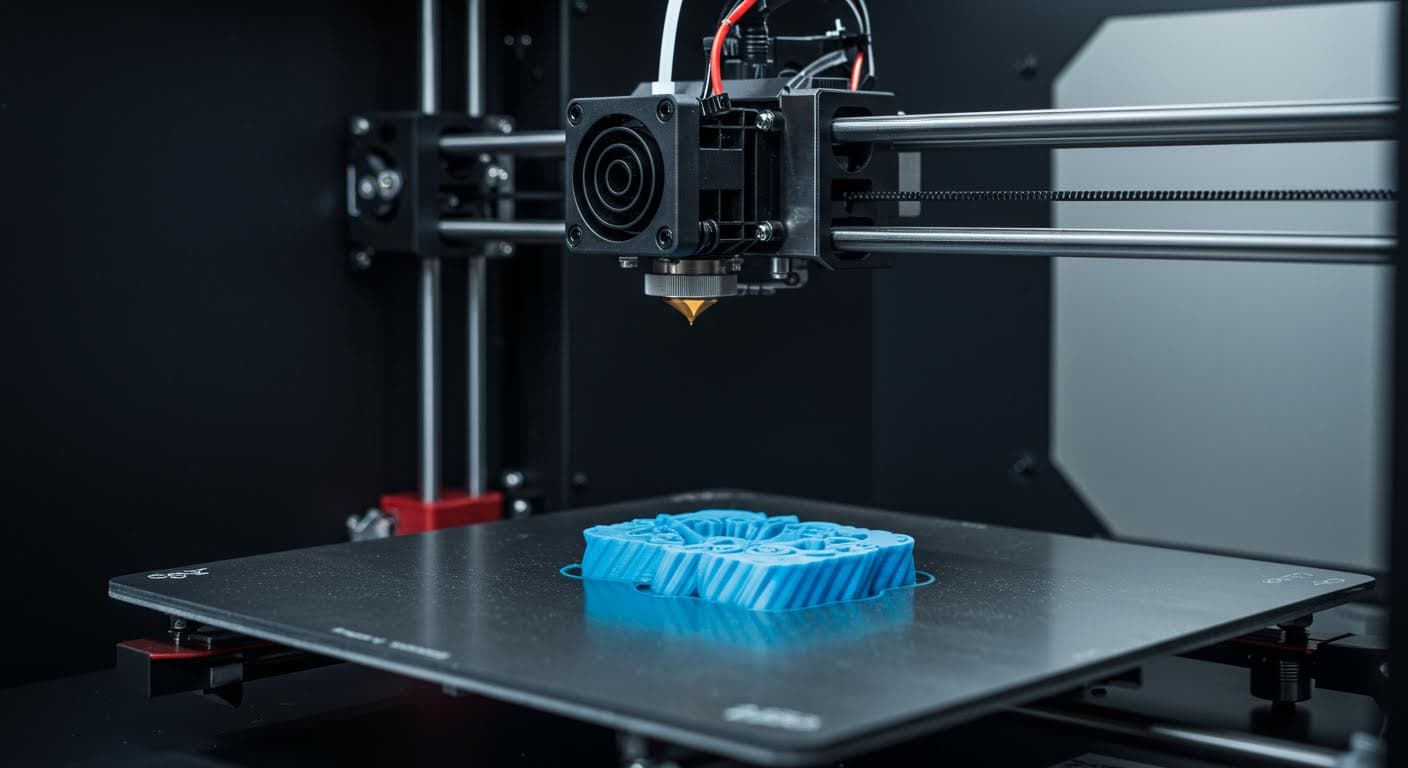 Close-up of a 3D printer extruding filament onto a build plate in an industrial setting, high-resolution photo without any text or labels