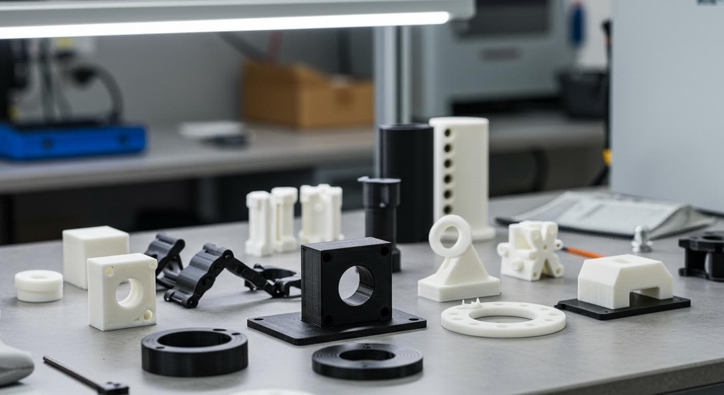 Array of various 3D-printed prototype parts displayed on a clean workbench, magazine-quality photo