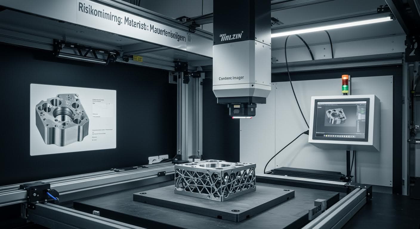 Multispectral imaging equipment scanning a metallic 3D-printed component, focused on technology