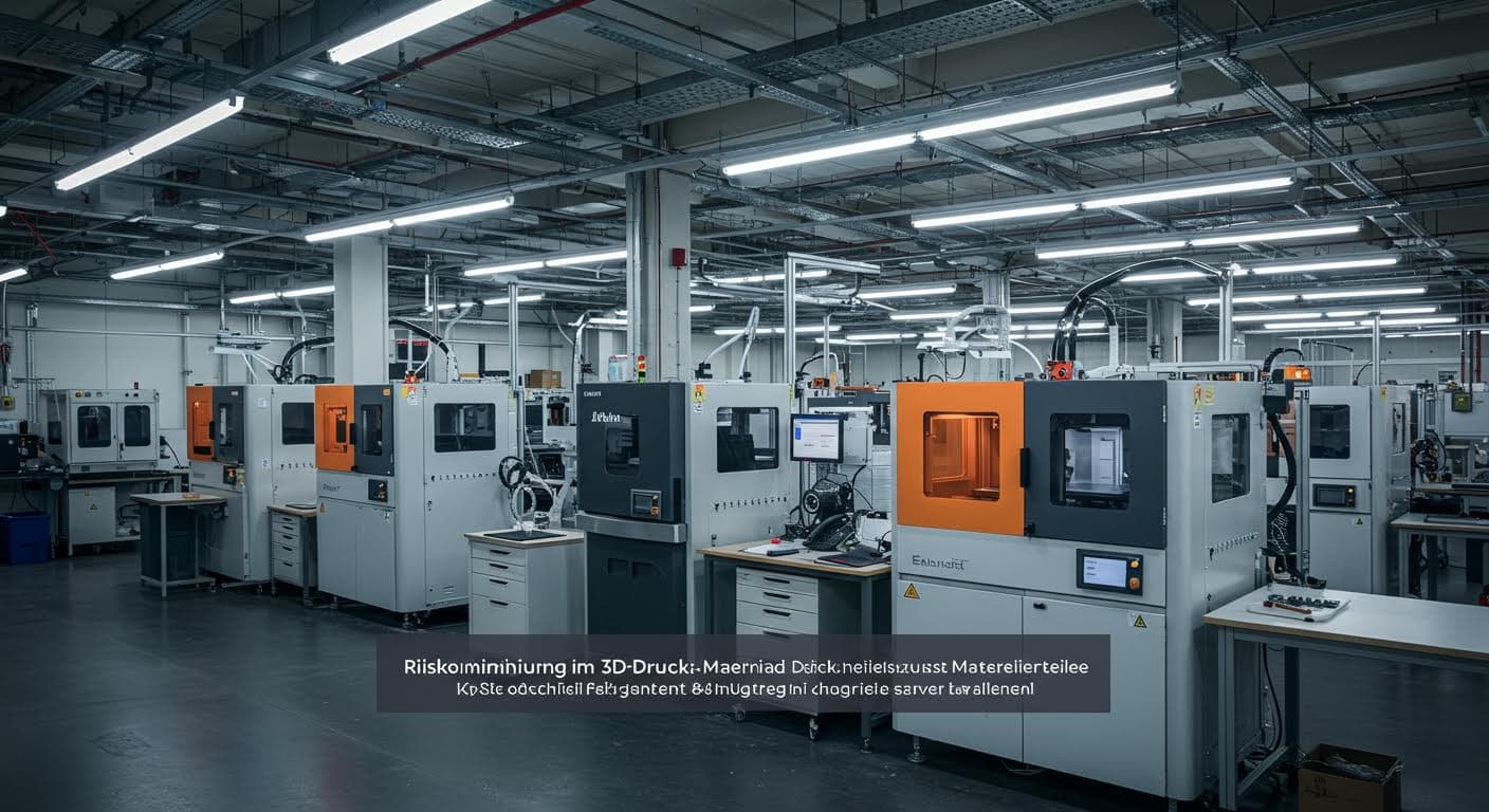 Modern factory environment with multiple 3D printers operating, high-detail industrial photography
