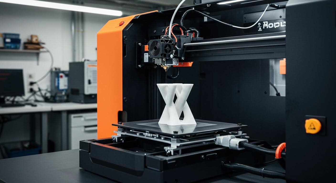 Ein moderner FDM-3D-Drucker beim Extrudieren von PLA-Filament in einer industriellen Umgebung, hochauflösend, ohne Text