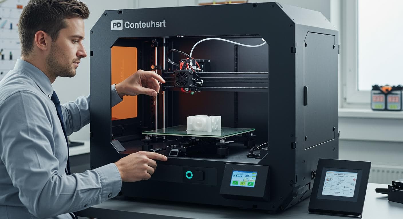Energieeffizienter 3D-Drucker mit sichtbarem Heizbett und Extruder, reine Technologieansicht
