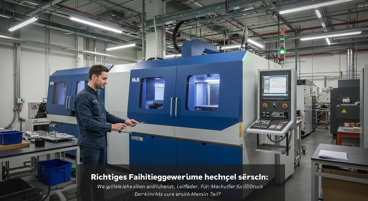 Professionelle Industriefotografie einer additiven Fertigungsanlage in einer modernen Fabrikhalle, Fokus auf Maschinen und Prozess