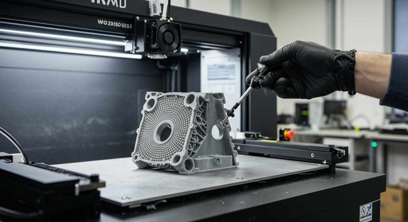 Visuelle Darstellung eines fertigen 3D-gedruckten Bauteils mit intrigierten Geometrien, hochauflösend und magazintauglich