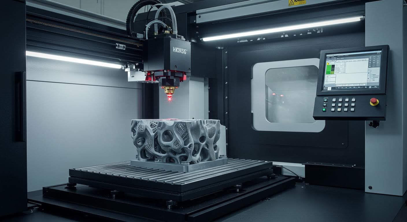 Bild eines Laser-basierten 3D-Druckprozesses, der ein Präzisionsteil herstellt, reine visuelle Technologiepräsentation