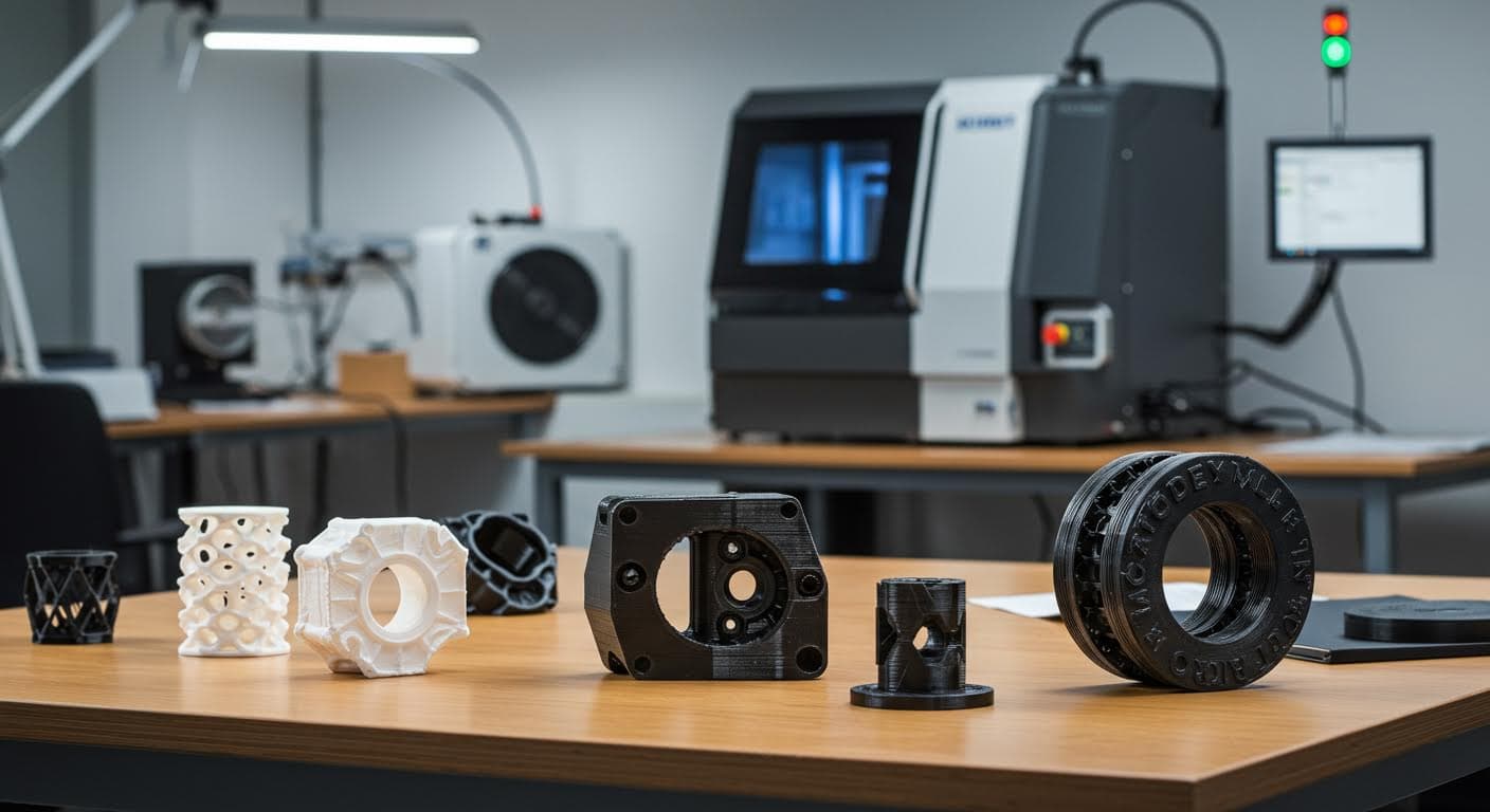 Abschließende Aufnahme einer Reihe von 3D-gedruckten Industrieprodukten auf einem Tisch, professionell und textfrei