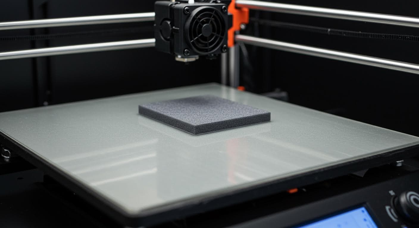 Close-up of a clean PEI print bed on a 3D printer, showing smooth surface without any text or labels