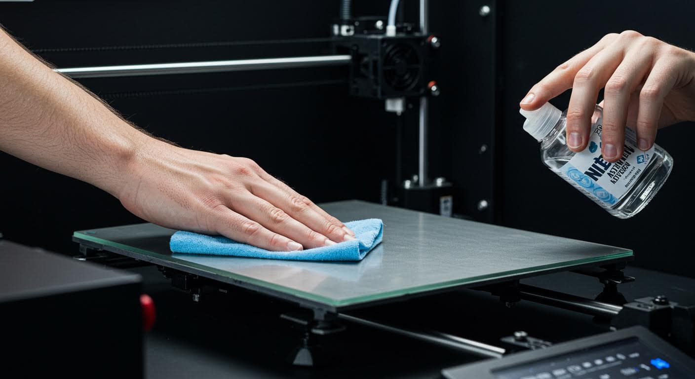 3D printer bed being wiped with a soft cloth and alcohol, pure visual of maintenance process