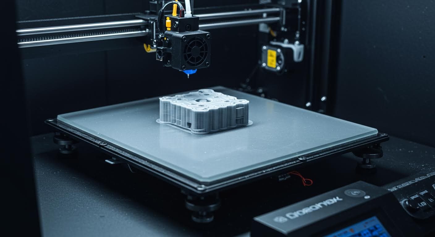 Print bed cooling down naturally after printing, with a completed object still attached