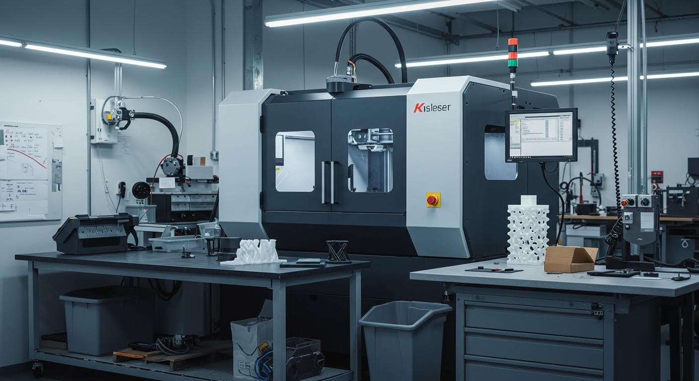 Industrial 3D printing setup in a modern workshop, focusing on equipment and printed parts