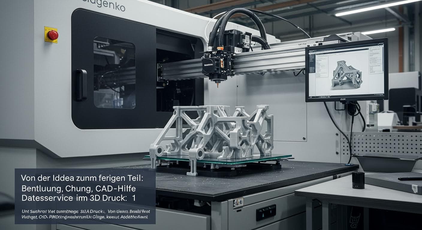Professionelles Foto eines modernen 3D-Druckers, der ein komplexes Bauteil aus Kunststoff druckt, in einer industriellen Werkstattumgebung, hohe Auflösung, ohne jeglichen Text oder Logos